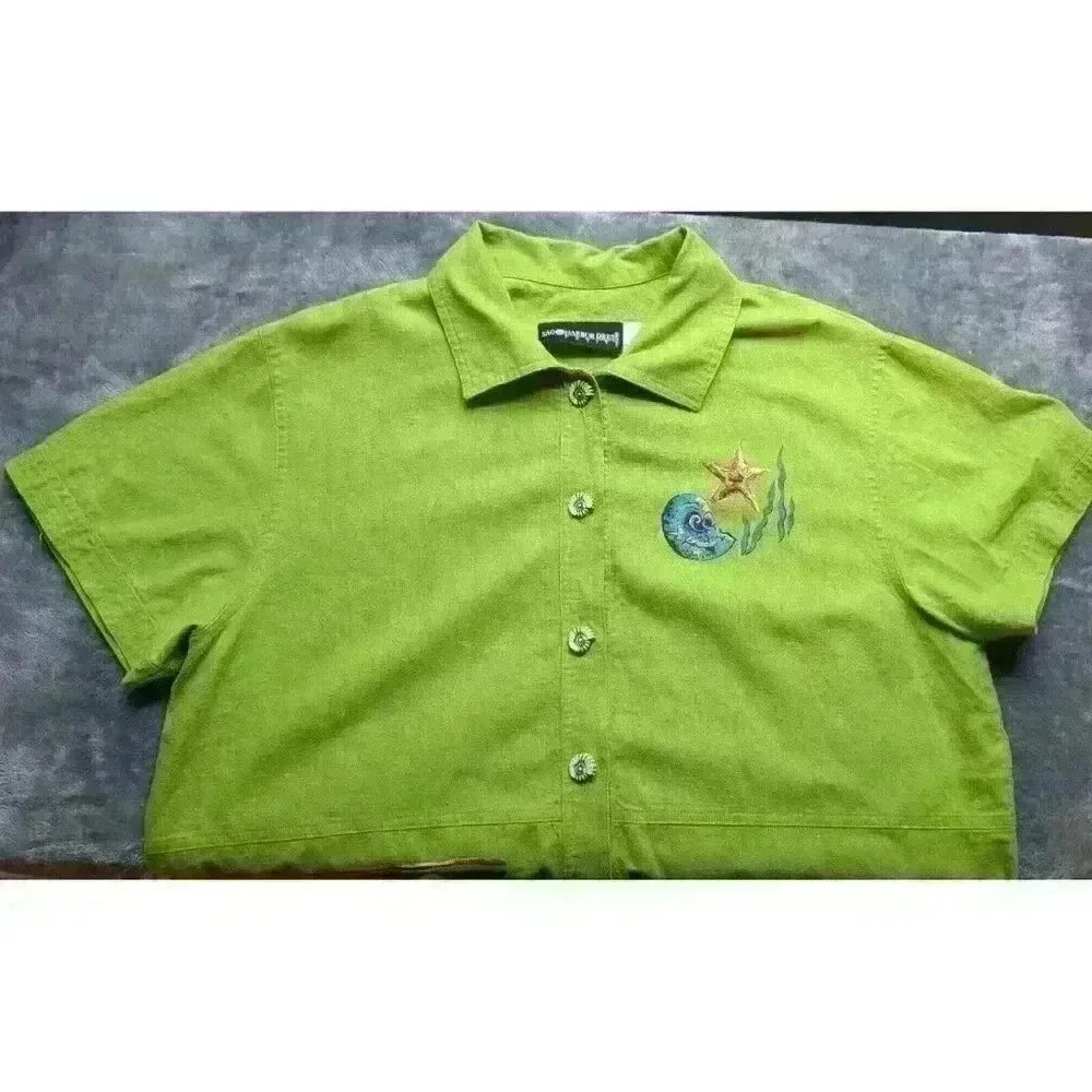 Sag Harbor Petite Shirt Womens Size 16P Green Beach Fish Seashell Button Down